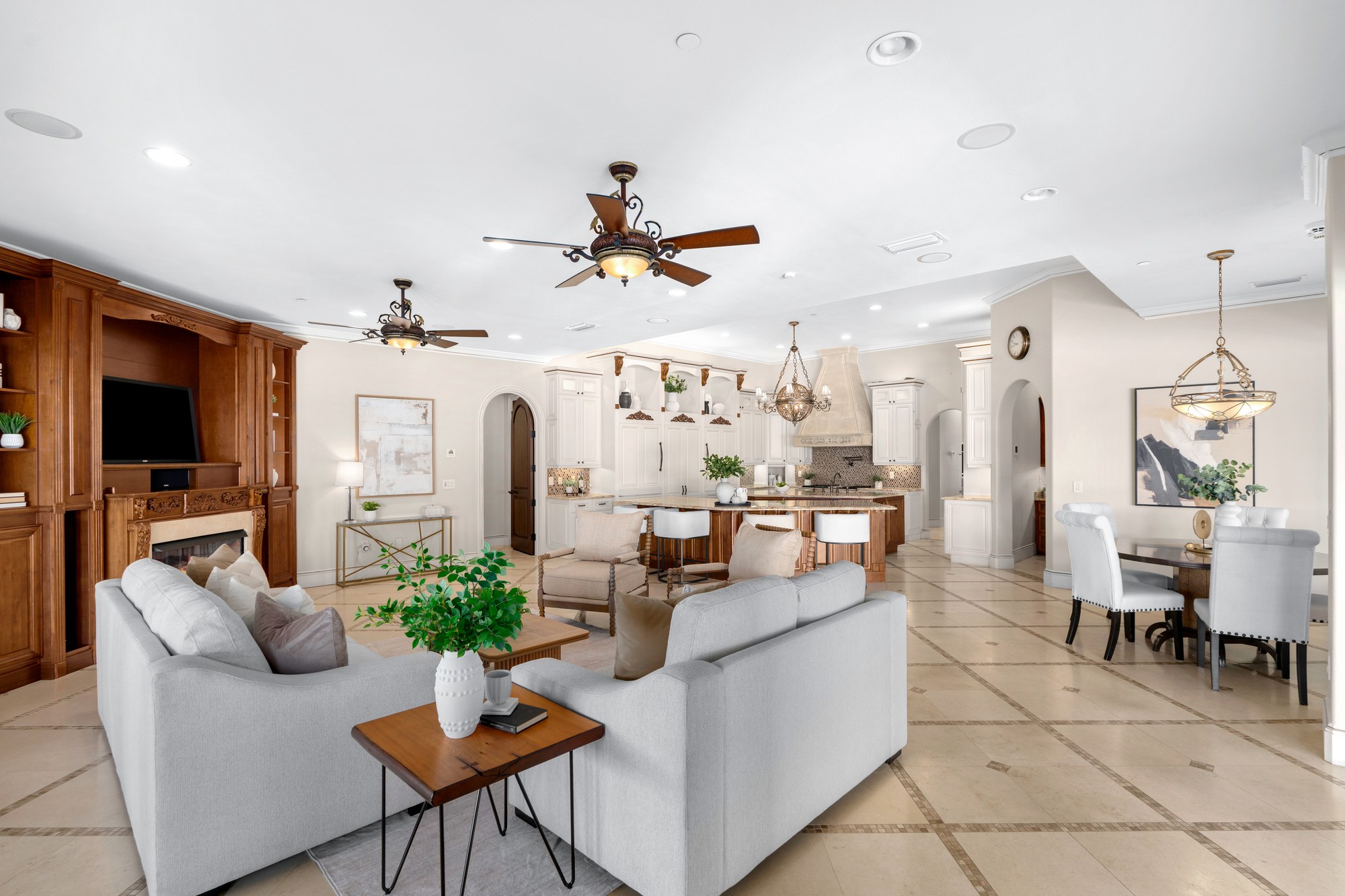 A casual living space open to the kitchen and dining area