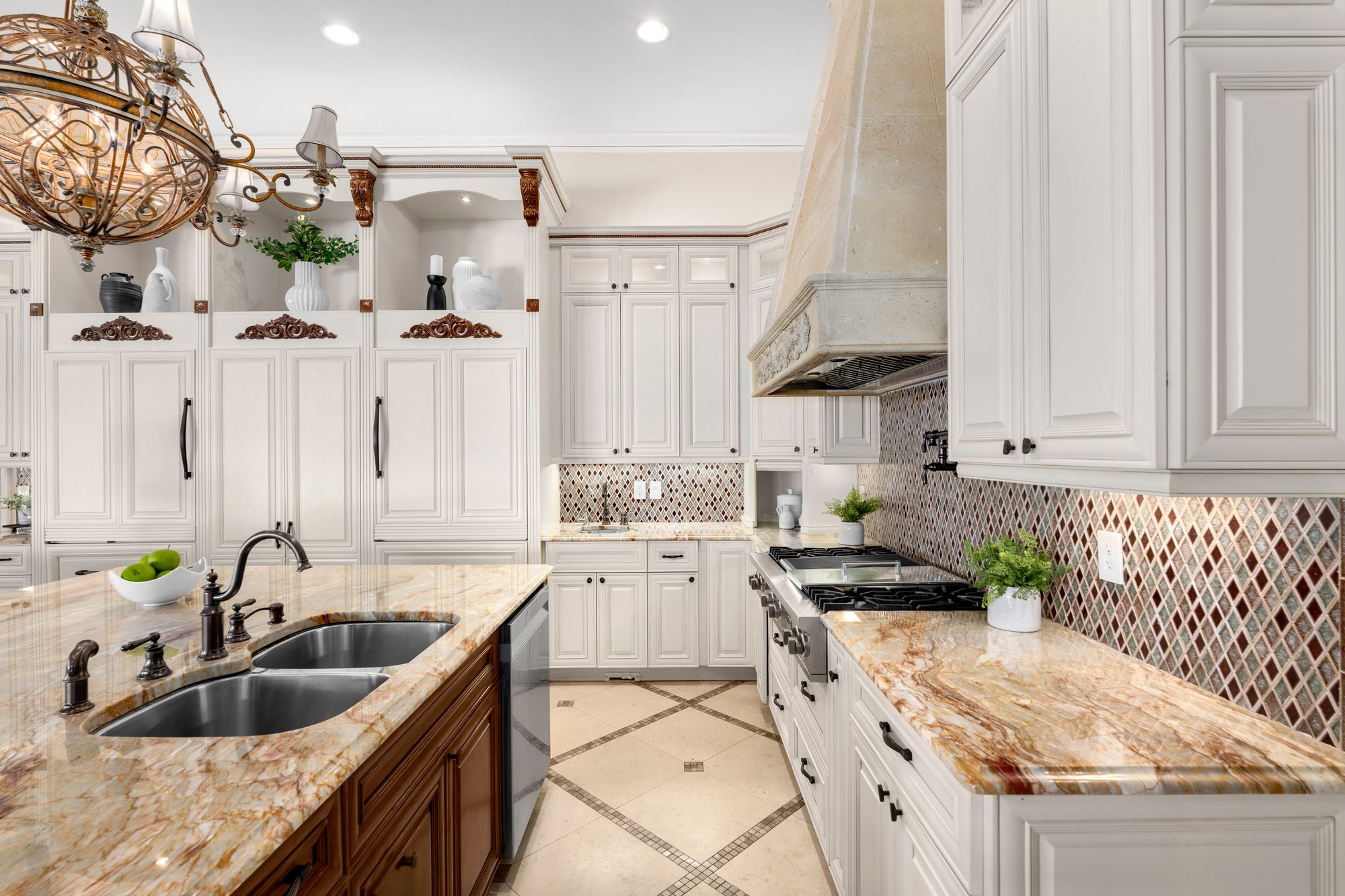 The chef's kitchen with custom cabinetry and island